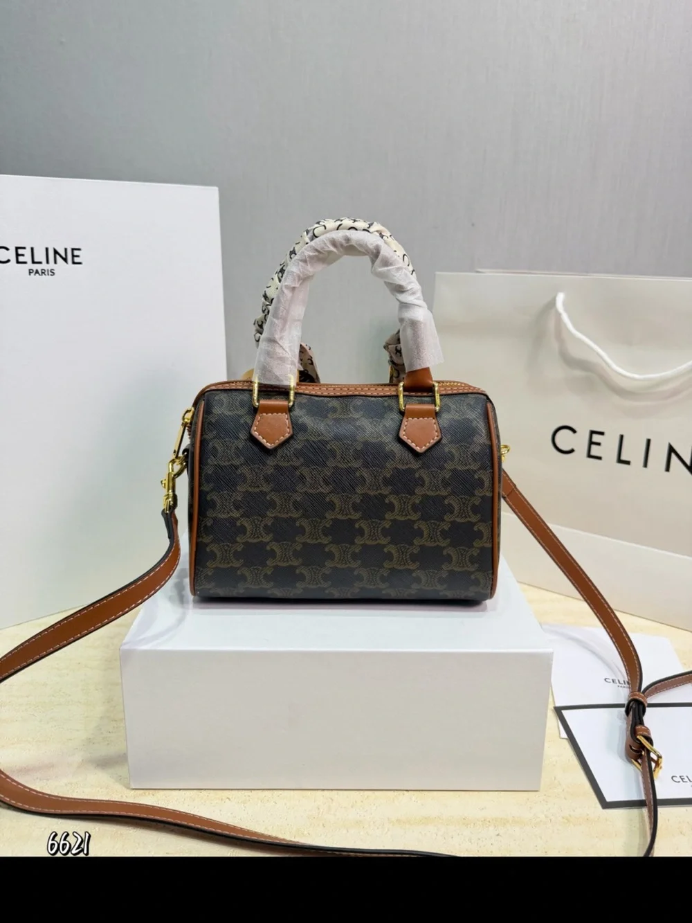 Celine Brown Triomphe Mini Satchel with Logo Scarf Wrap